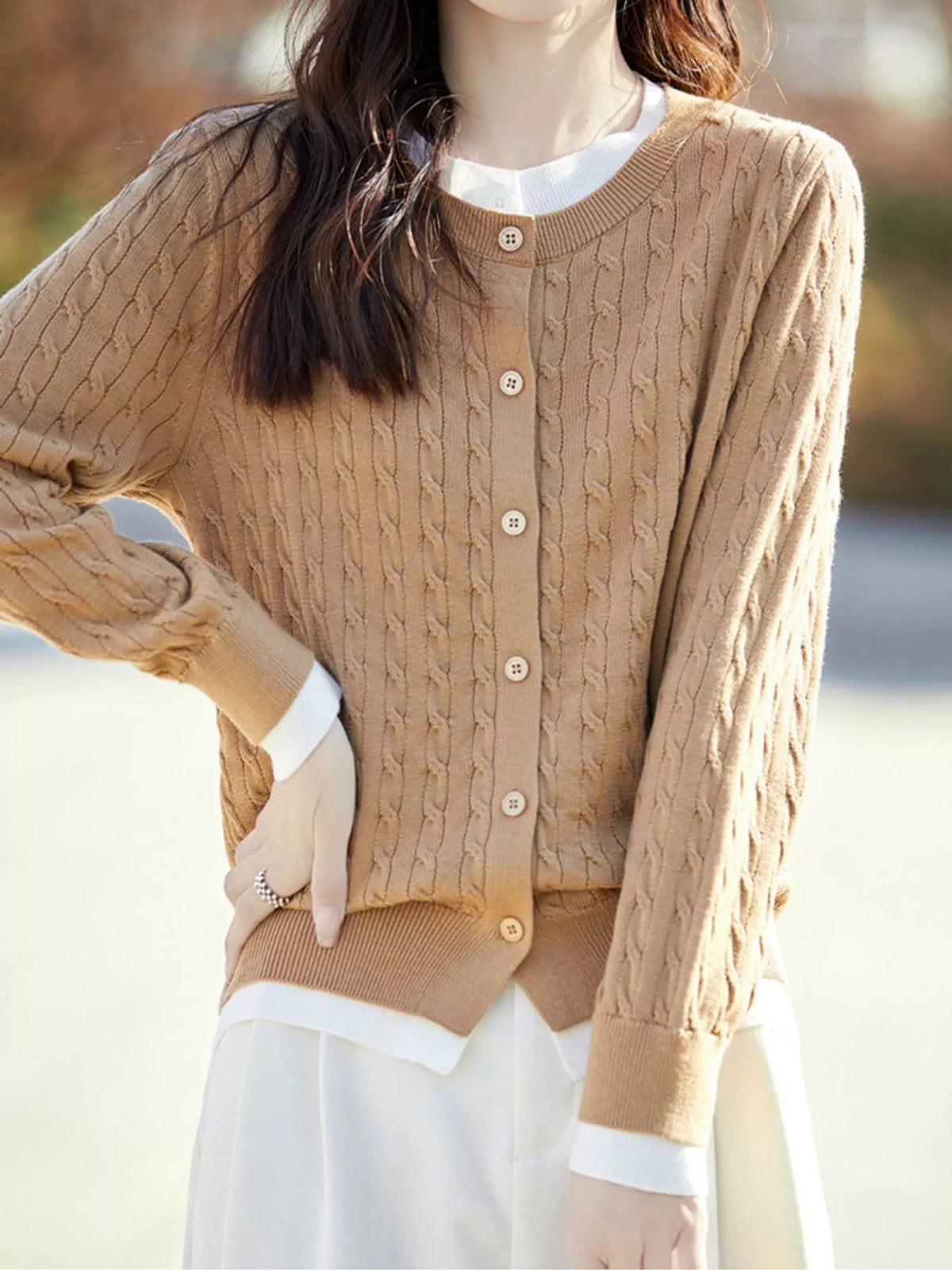 Camel cable-knit button-down cardigan