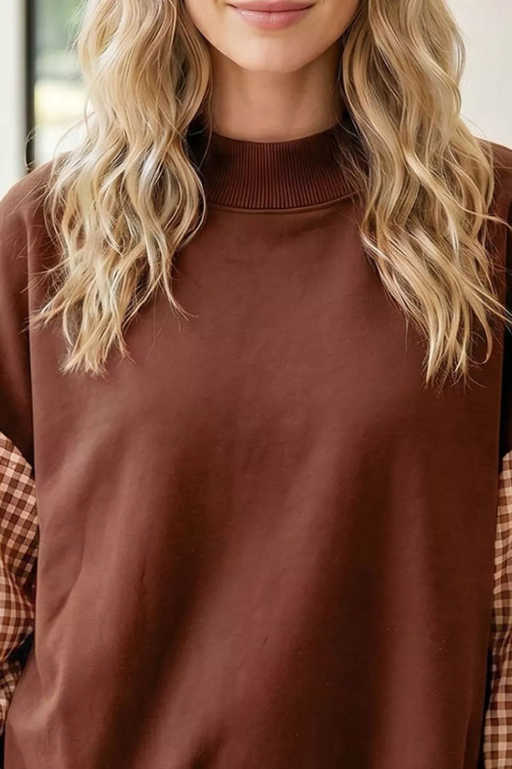 Trendsi Plaid Sleeve Colorblock Loose Tunic Sweatshirt -