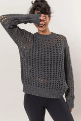 Trendsi HYFVE Openwork Round Neck Long Sleeve Knit Cover Up -
