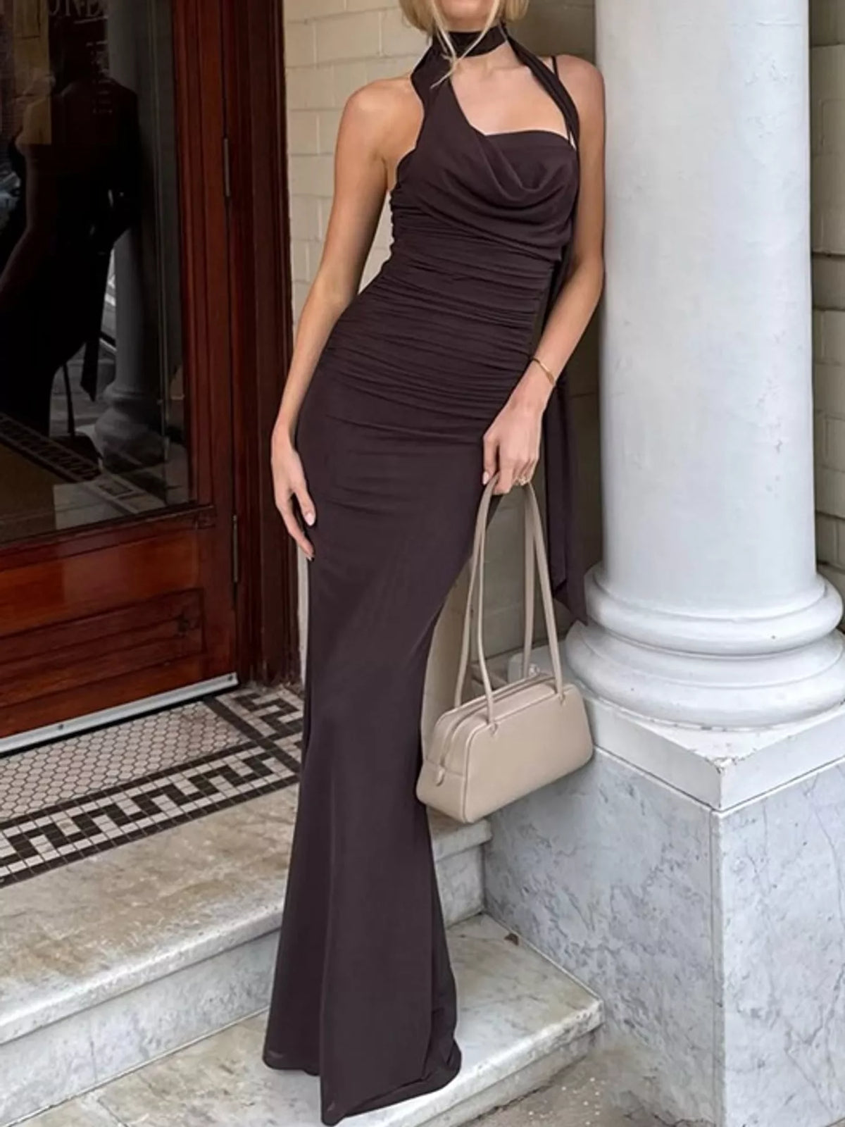 Cowl neck spaghetti-strap maxi dress, front view on model