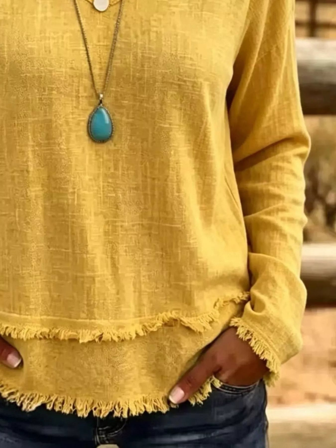 Trendsi V-Neck Long Sleeve Blouse with Frayed Hem Detail -