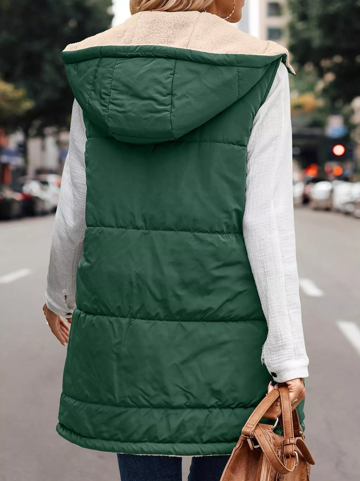 Green hooded sherpa-lined puffer vest, back view