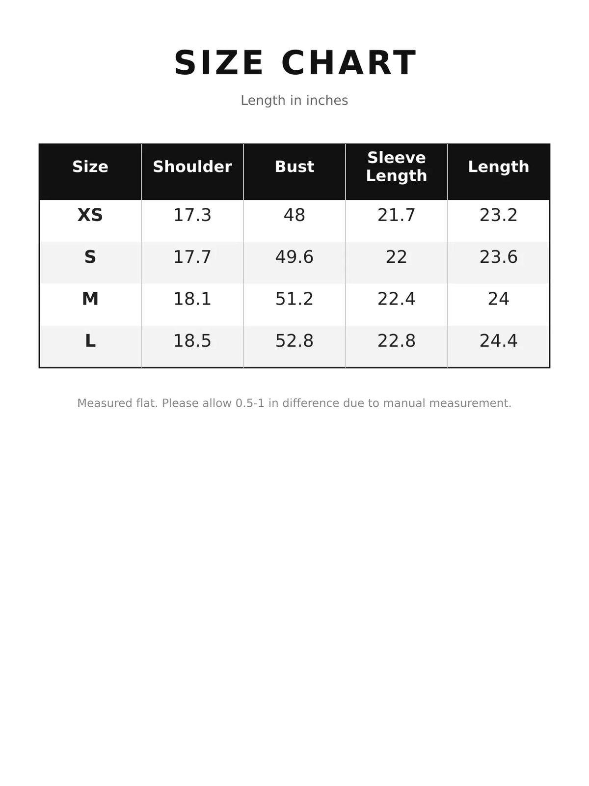 Size chart for tweed textured long sleeve jacket