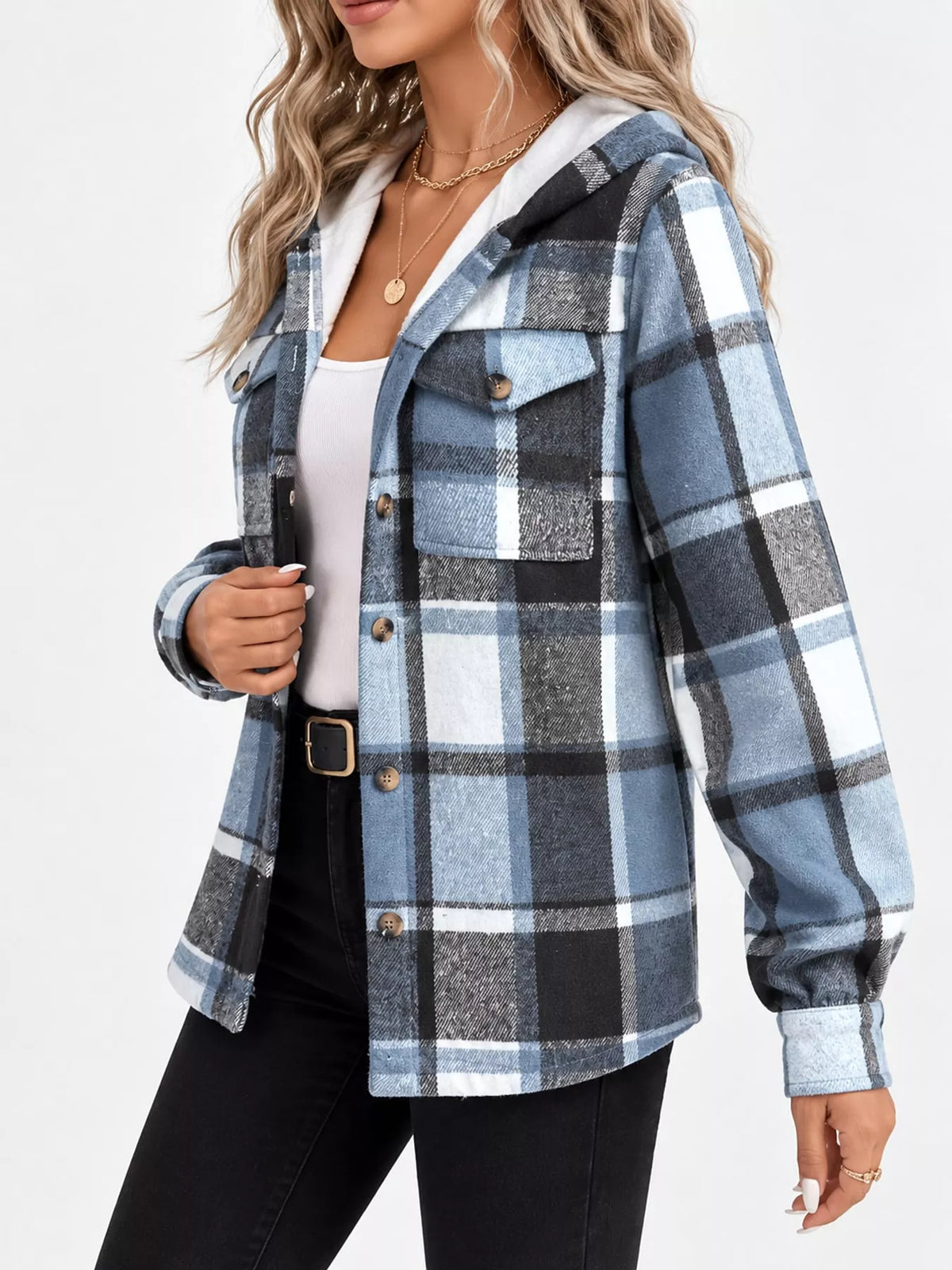 Blue fleece-lined plaid button-up shacket, side view