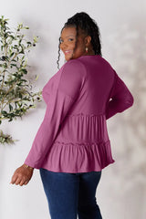 Trendsi Double Take Half Button Long Sleeve Ruffle Hem Blouse - Pants