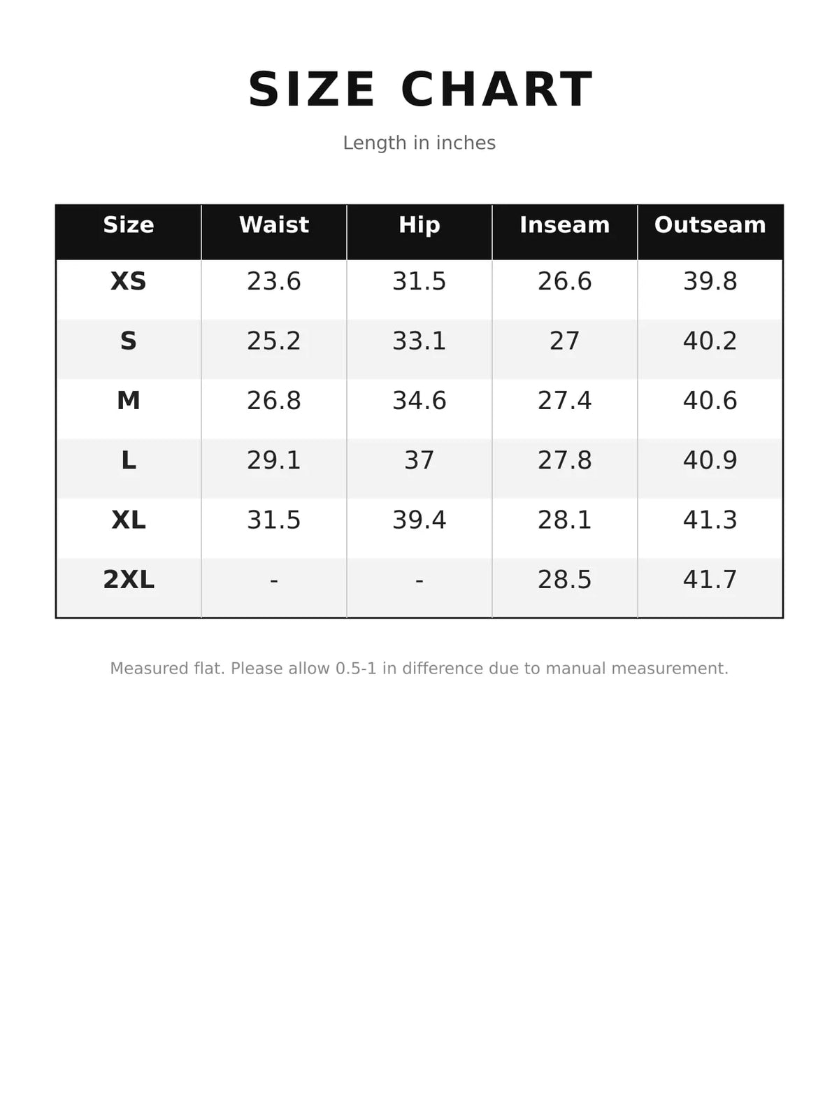 Size chart for high-rise flare leg jeans