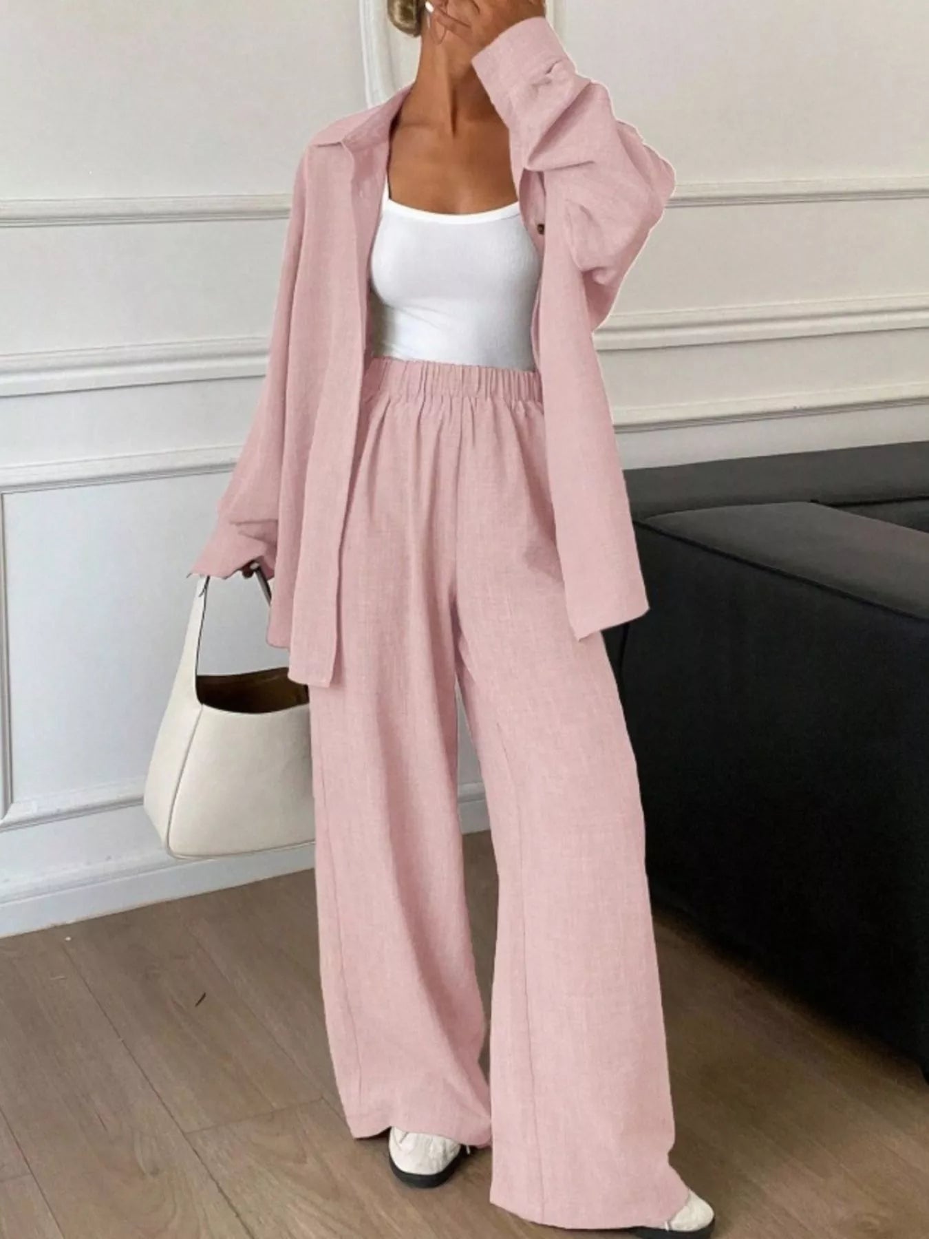 Trendsi Button Up Long Sleeve Shirt and Wide Leg Pants Set -