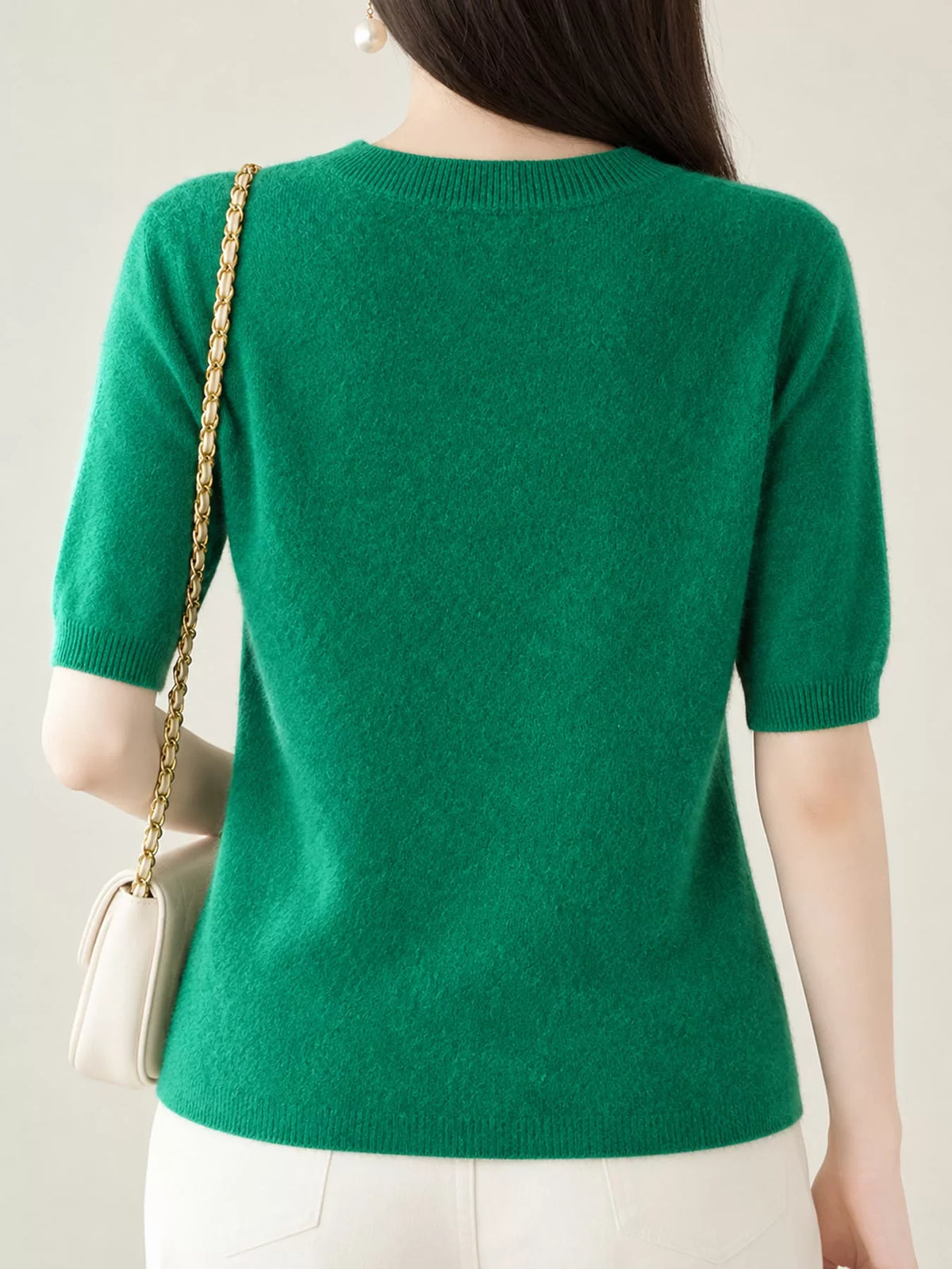 Emerald Green round neck short-sleeve sweater, back view