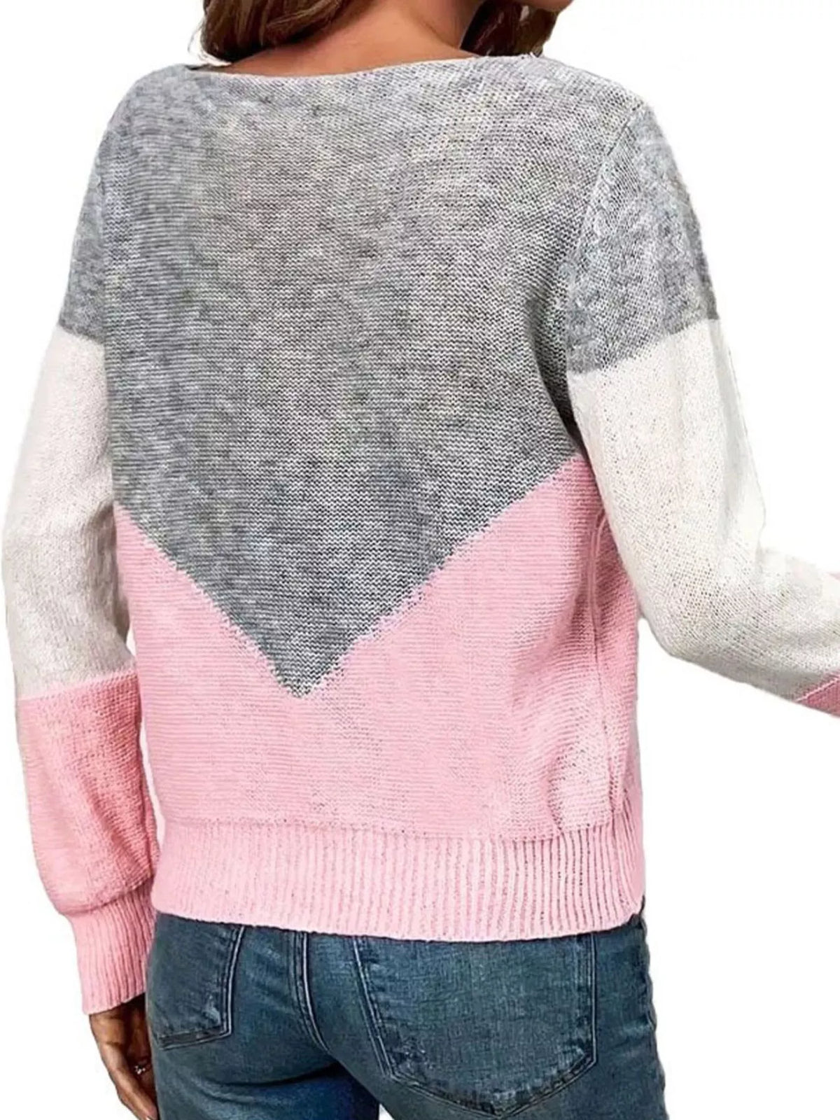 Women's Openwork Color Block Long Sleeve Sweater in Pink, alternate view