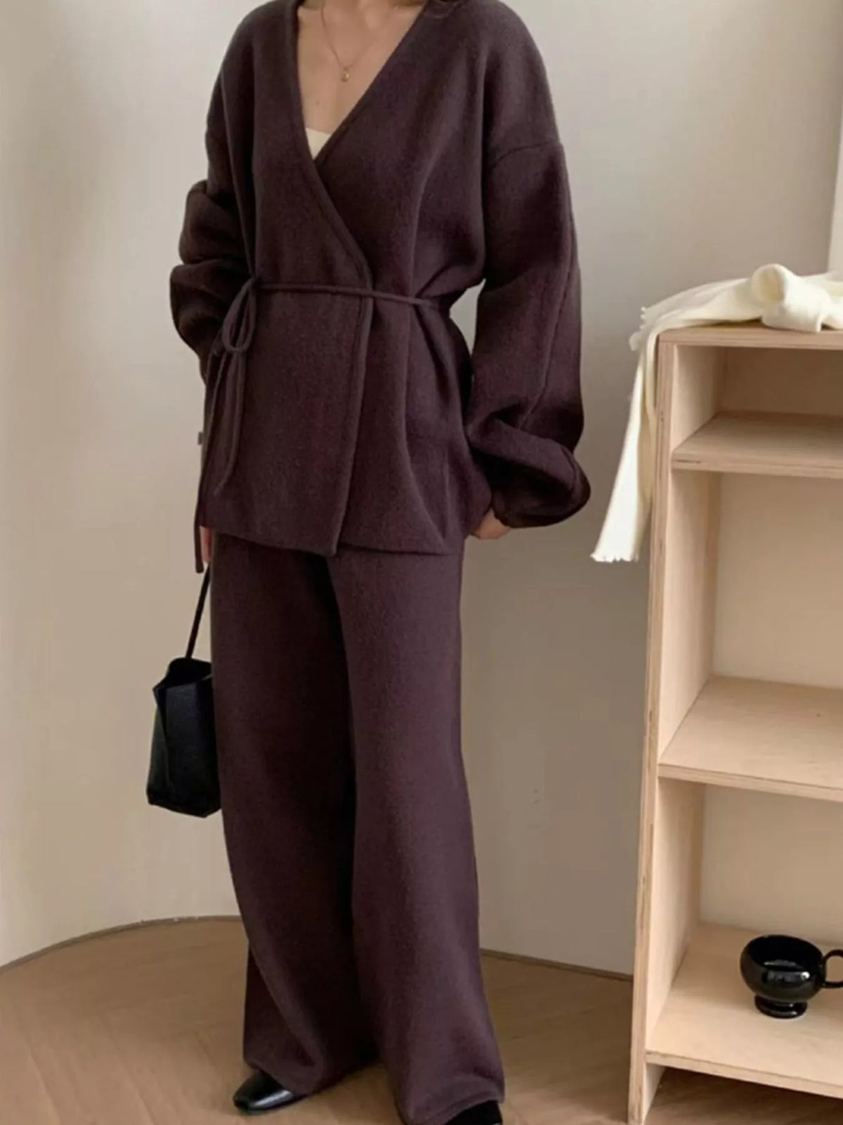 V-Neck Tied Wrap Cardigan and Wide-Leg Pants Sweater Set — front view