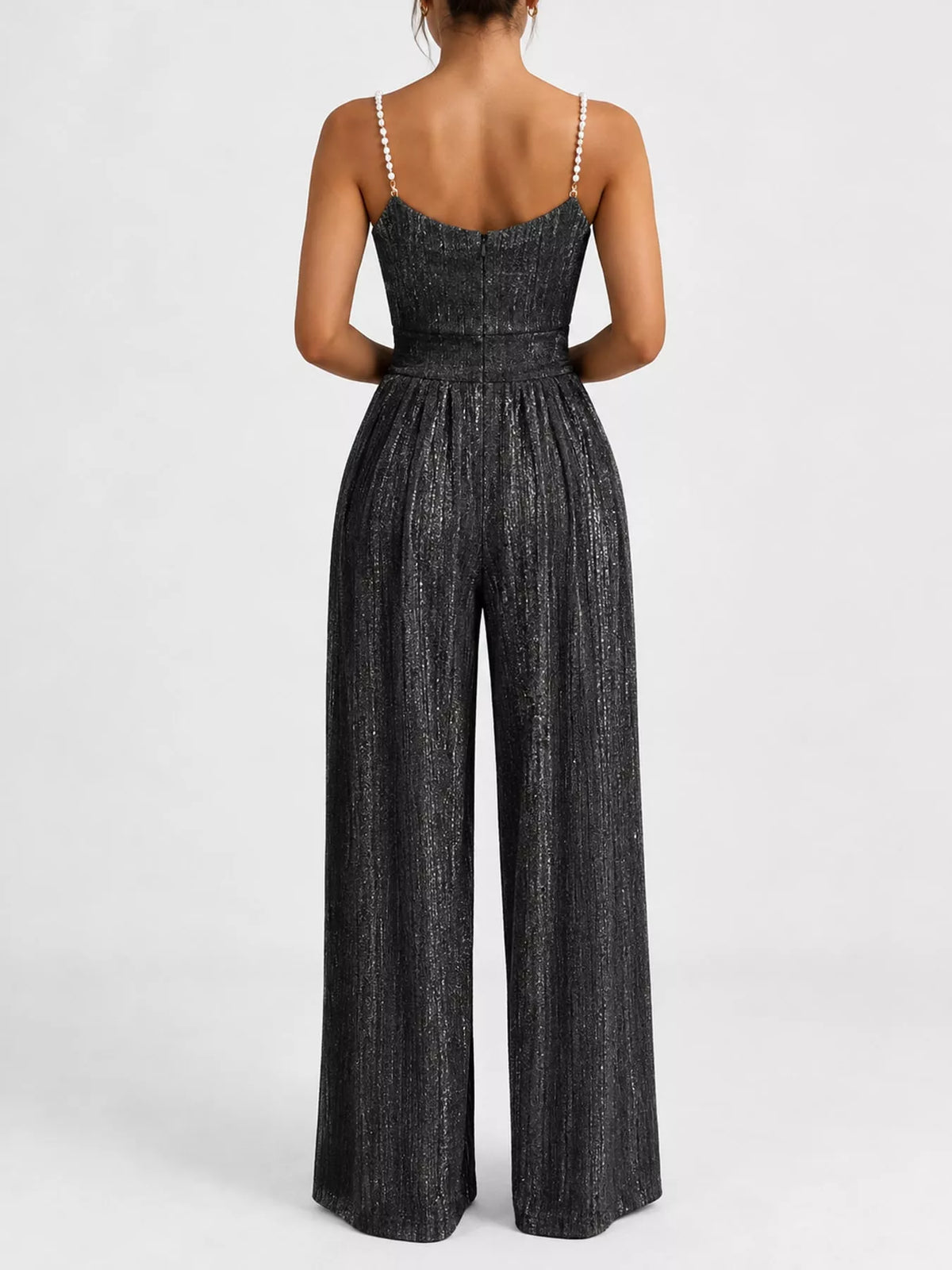 Metallic Wide-Leg Jumpsuit with Pearl Strap Detail, back view in black