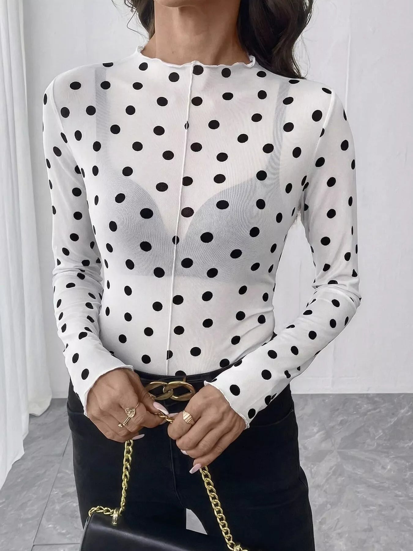 Trendsi Sheer Polka Dot Long Sleeve Mock Neck Top -