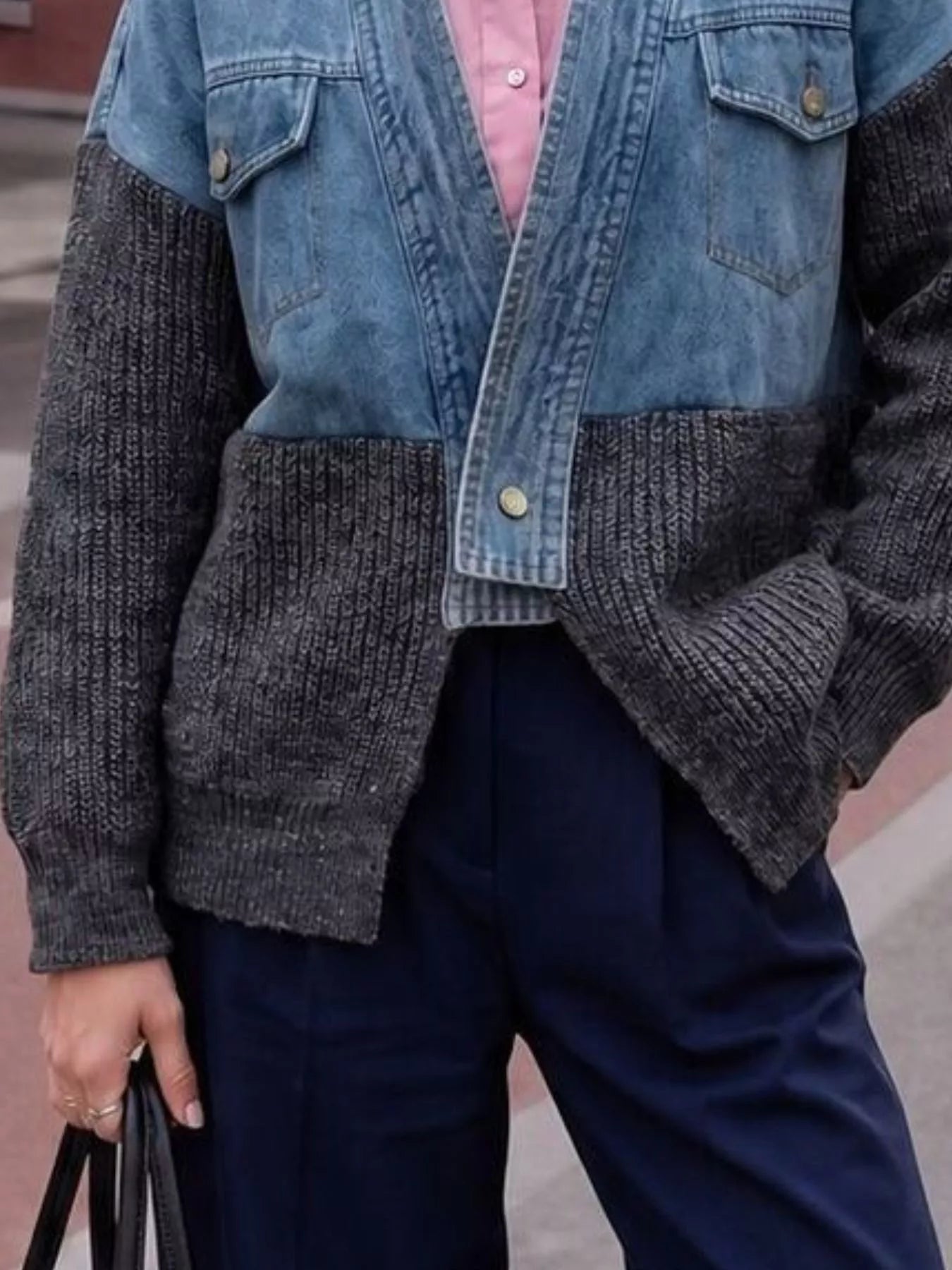 Trendsi Contrast Denim and Knit Patchwork Cardigan -