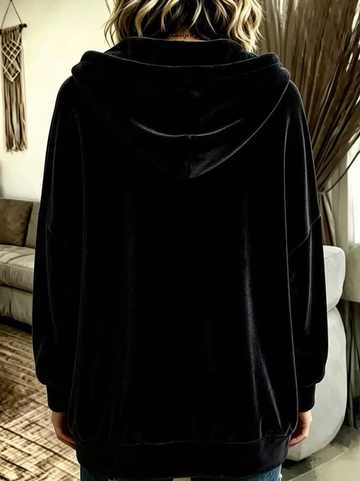 Black velvet dropped shoulder hoodie, back view
