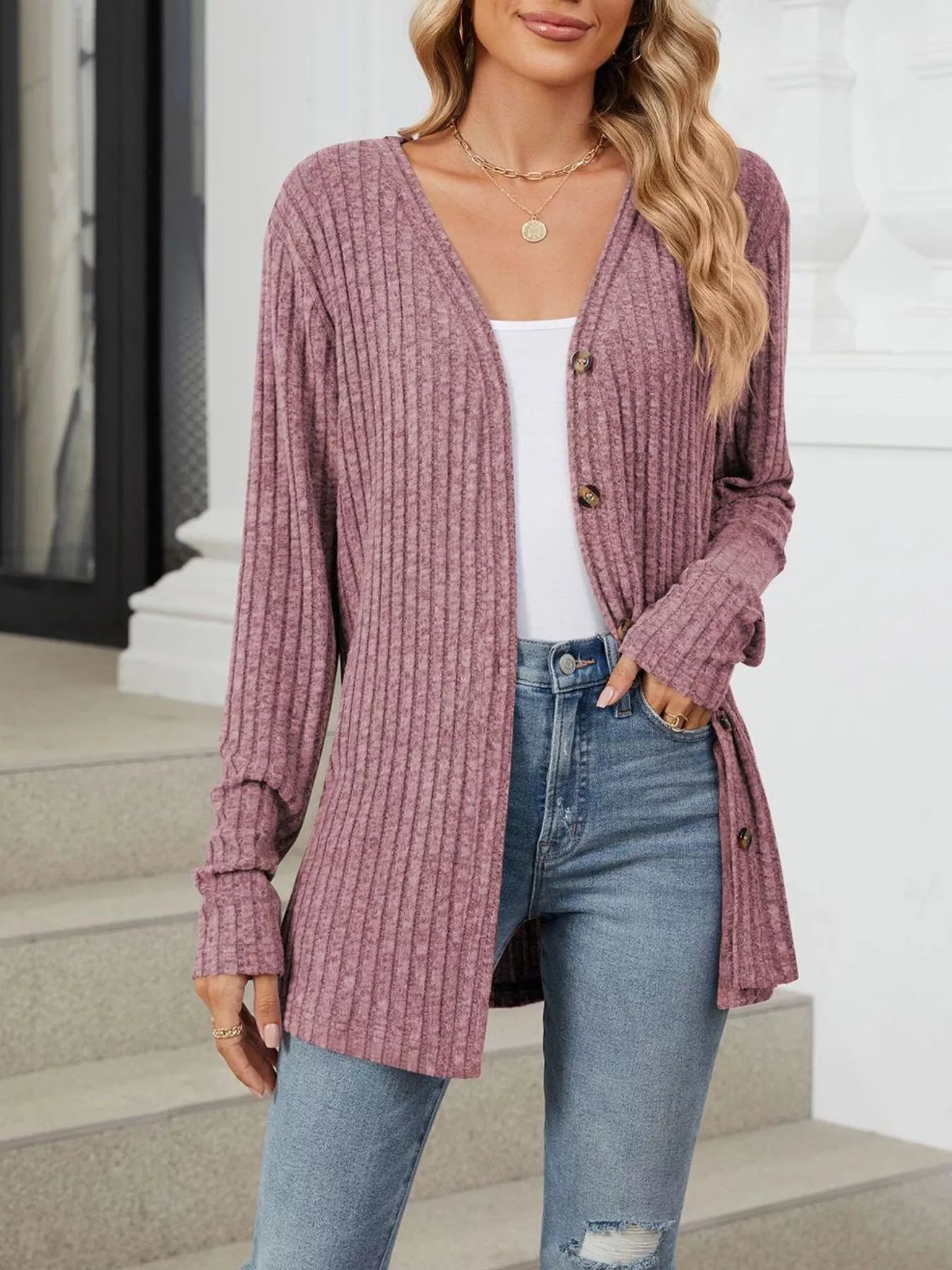 Trendsi Ribbed Button-Up Cardigan -