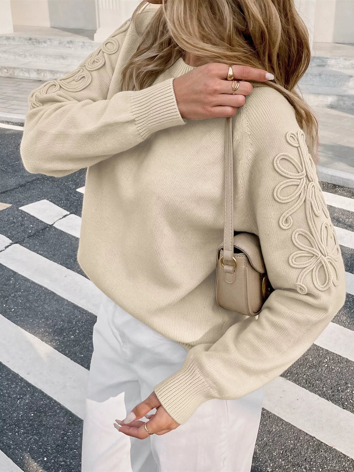 Cream floral raglan sleeve sweater, floral sleeve detail