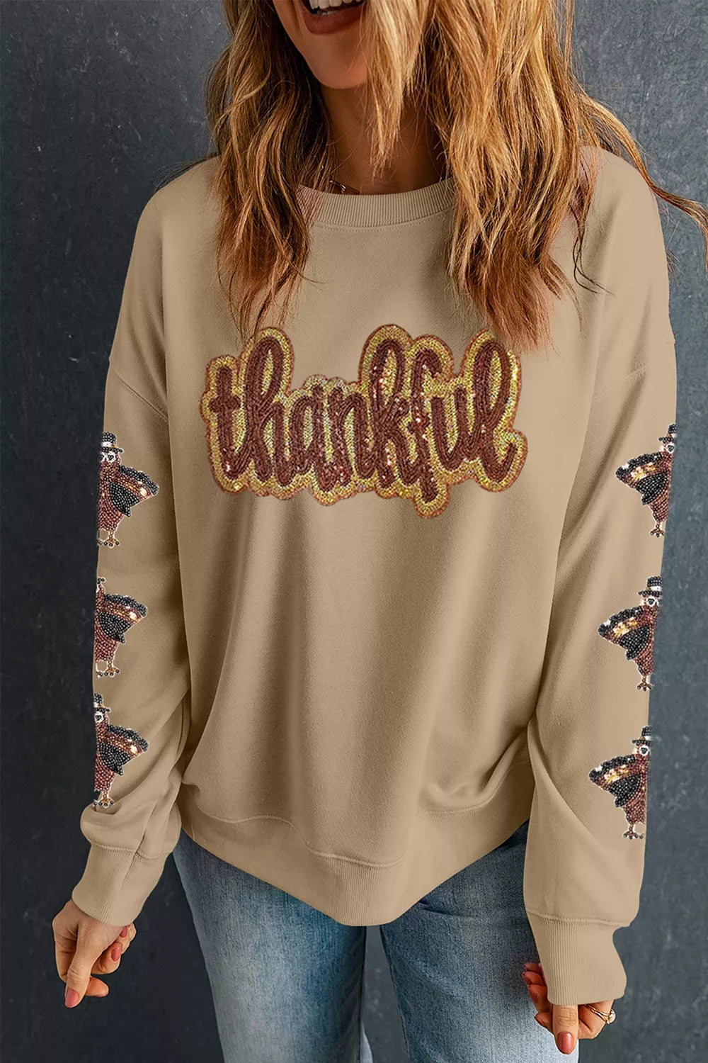 Women's Turkey Season Thankful Sequin Sweatshirt in Khaki, back view