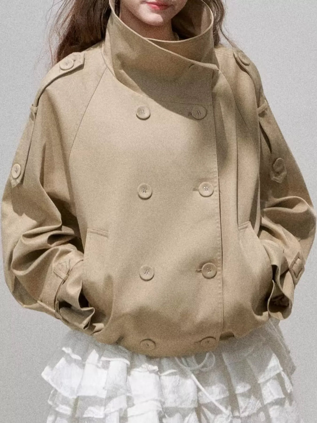 Khaki double-breasted stand collar cropped trench jacket