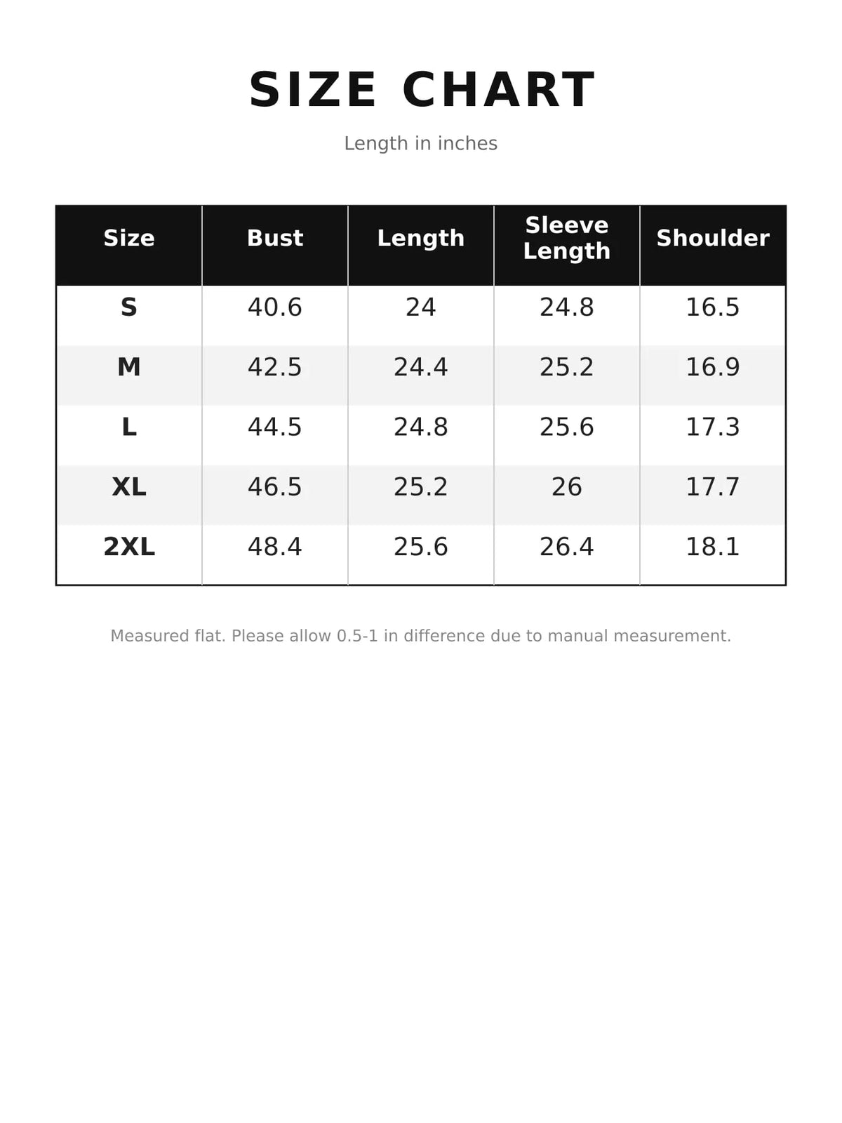 Size chart for button-up shirt