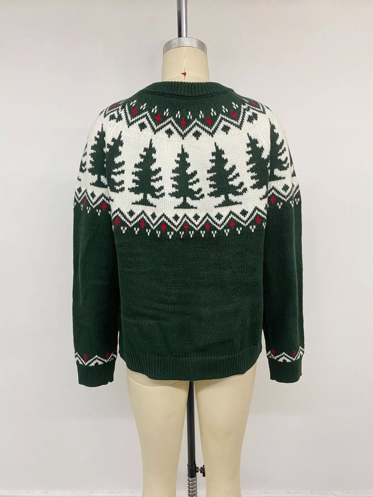 Dark green Christmas tree sweater, back on mannequin