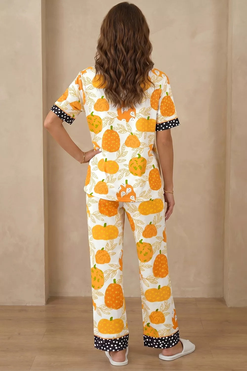 Trendsi Short Sleeve Pumpkin Print Polka Dot Trim Pocket Placket Lounge Set -