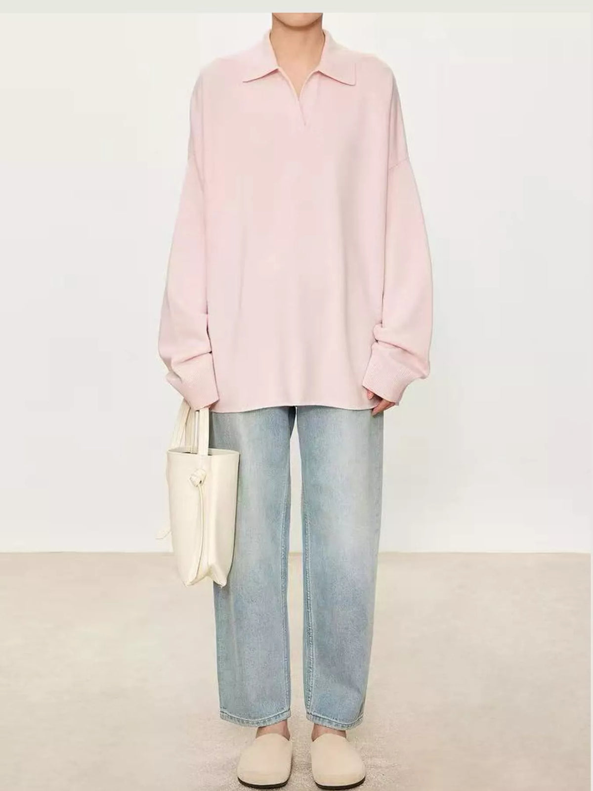 Pink dropped shoulder polo collar sweater