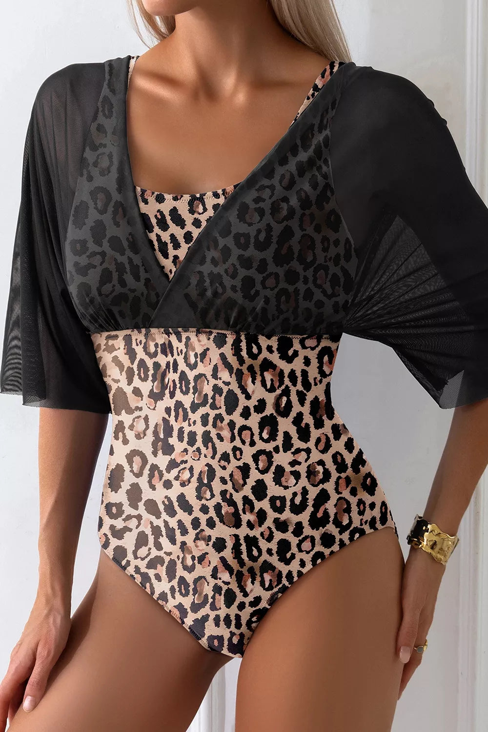 Trendsi Mesh Patchwork V Neck Half Sleeve Bodycon One Piece Swimwear -