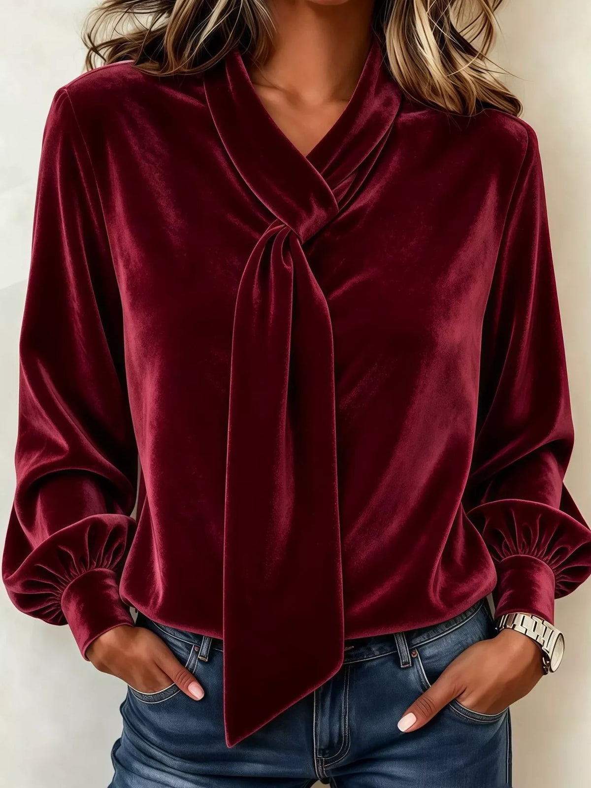 Women's Velvet Tie-Neck Long Sleeve Top in burgundy — front view