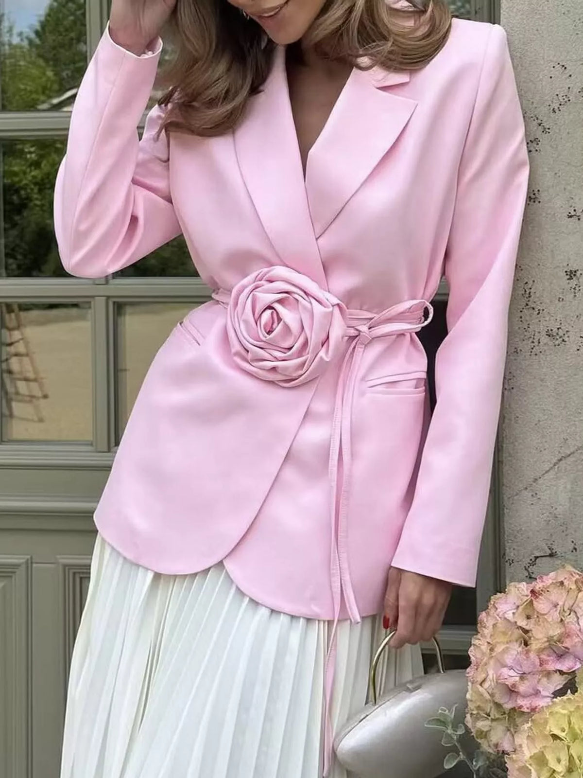 3D Rose Floral Waist Detail Blazer in pink