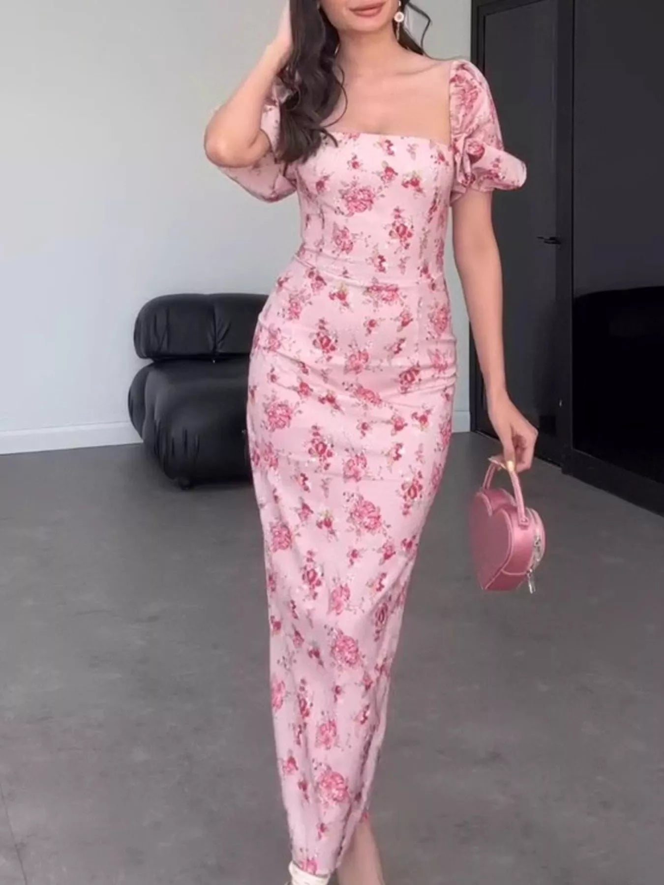 Trendsi Floral Puff Sleeve Ruched Midi Dress -