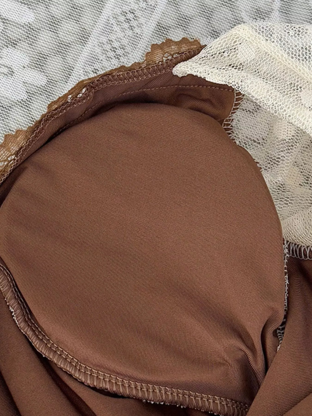 Vintage Lace Contrast Blouse with Polka Dot Mesh Sleeves, detail view in brown and cream