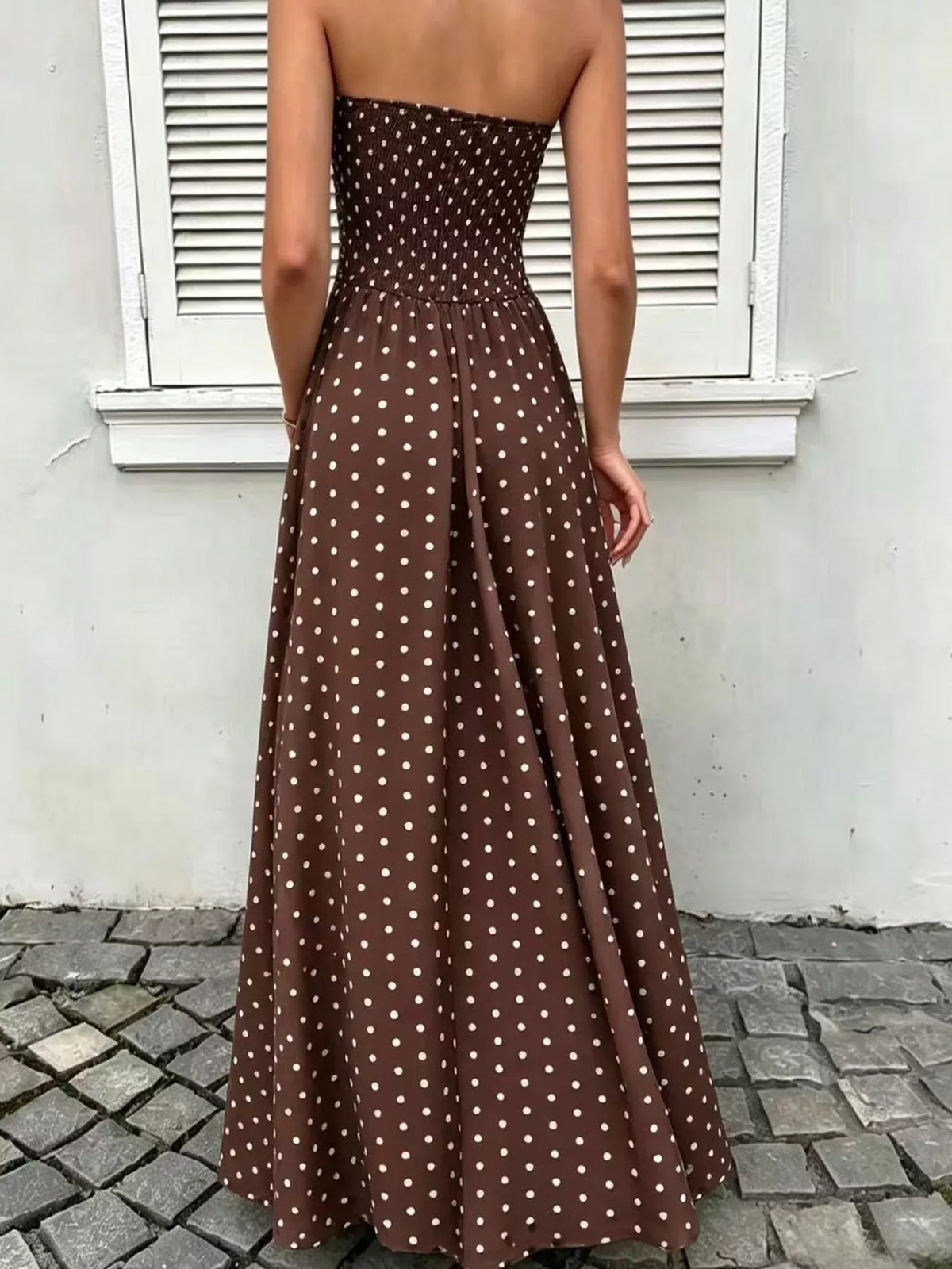 Women's Strapless Polka Dot Ruched Maxi Dress in brown dots — back view