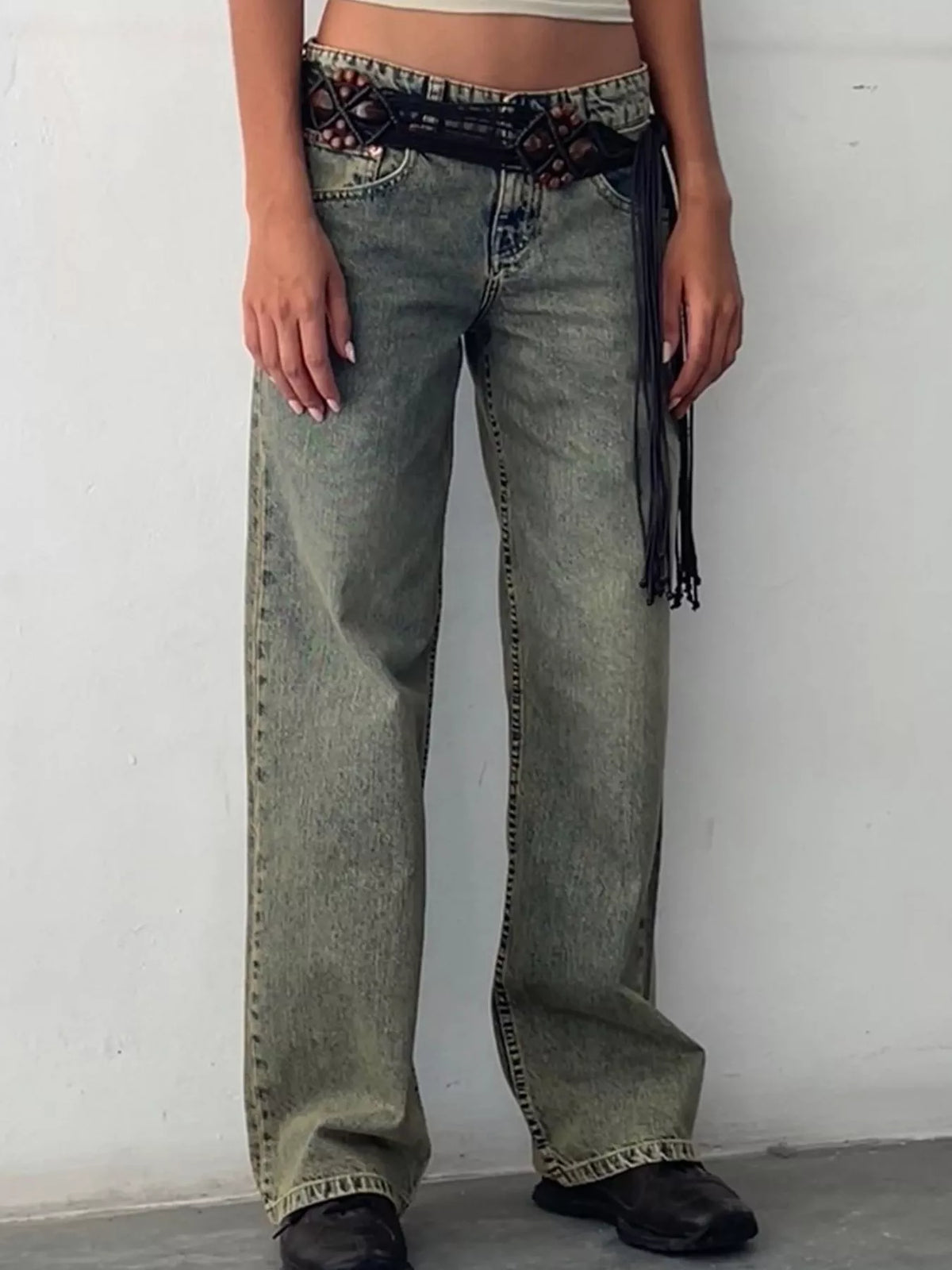 Vintage Wash Low-Rise Wide-Leg Jeans — front view