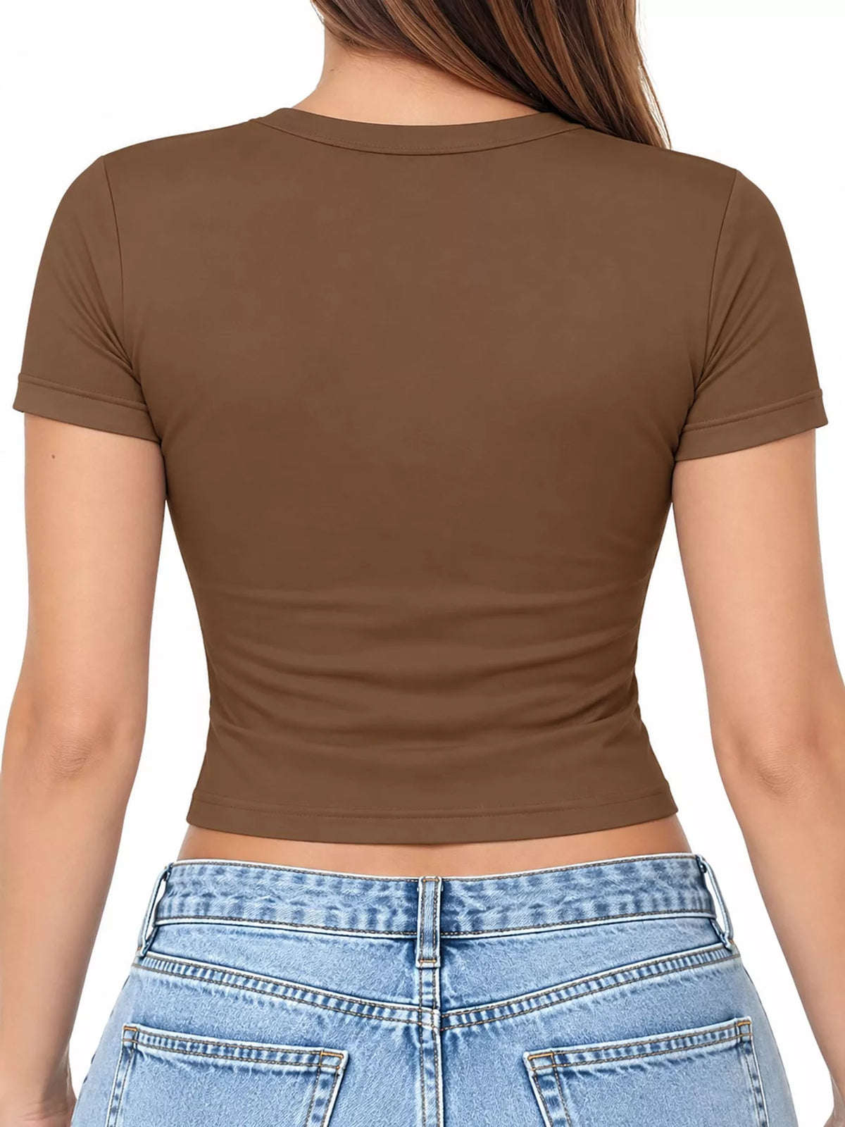 Brown crew neck crop T-shirt, back view