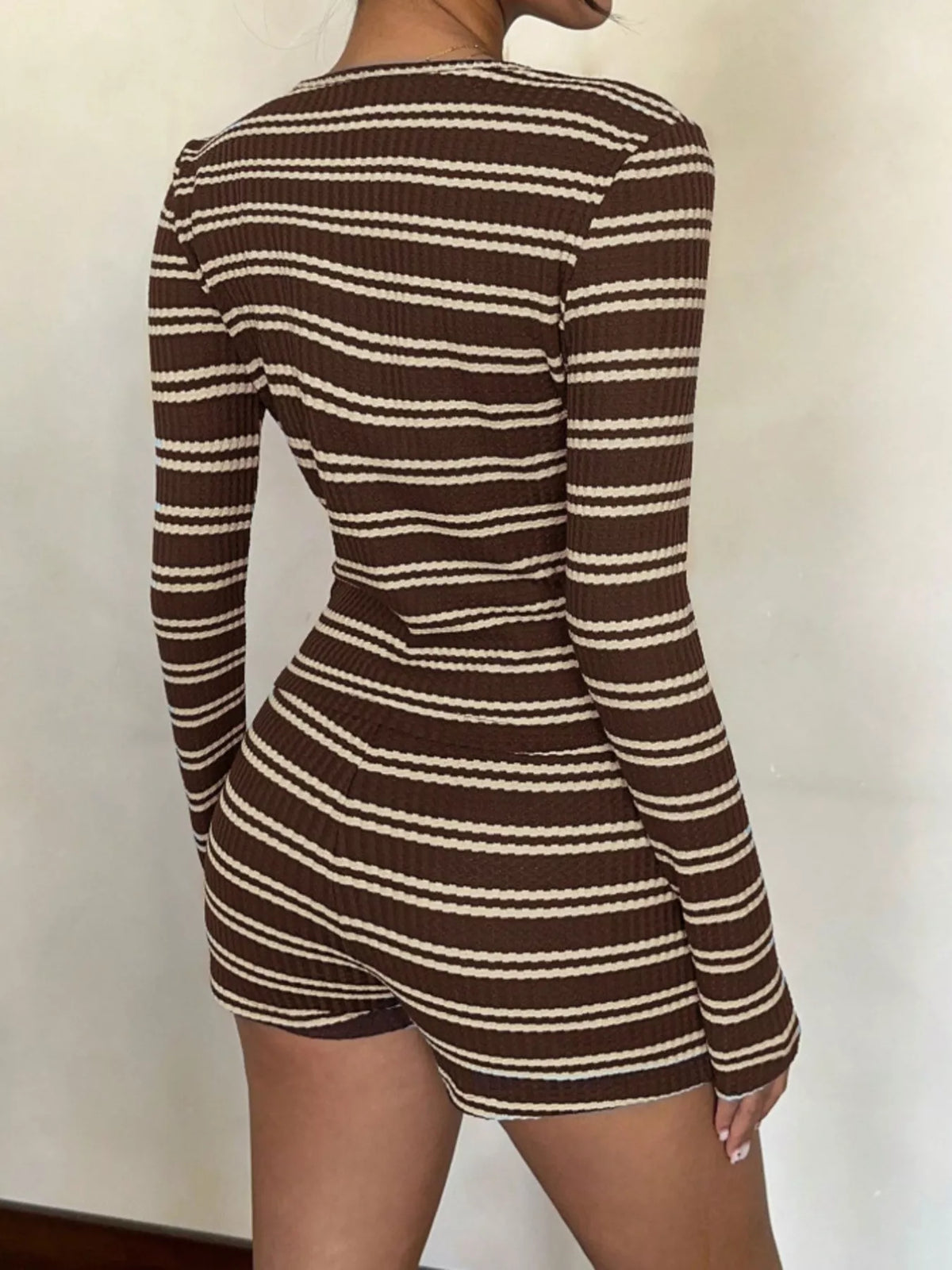 Striped cardigan and shorts set in brown and cream, back view