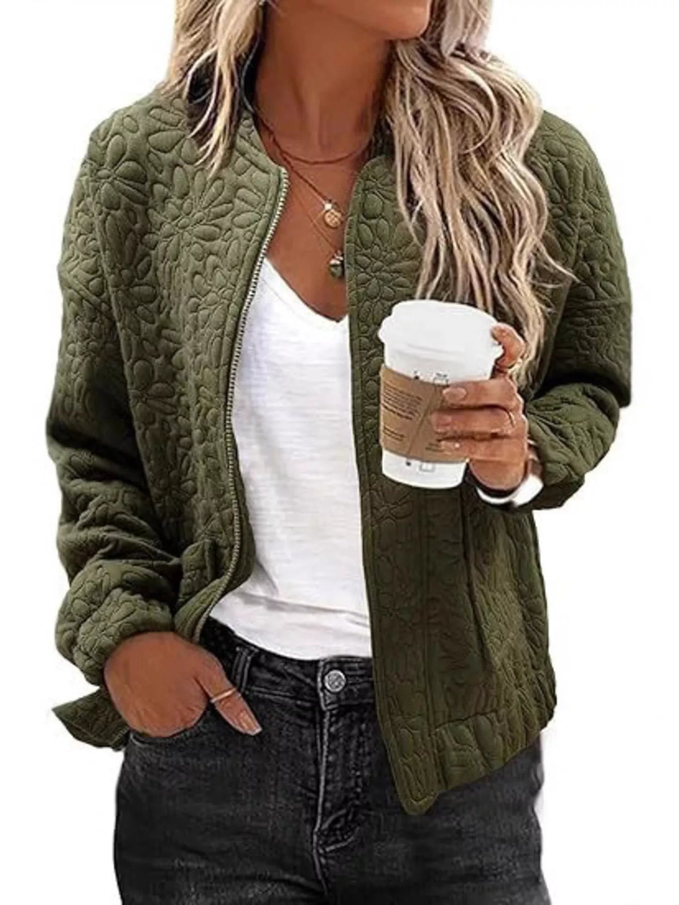 Trendsi Floral Quilted Zip Up Jacket -