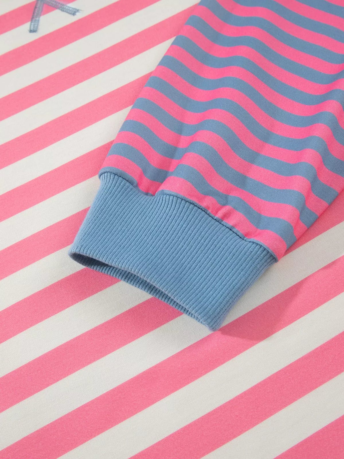 Pink white and blue striped crewneck tunic sweatshirt, cuff detail