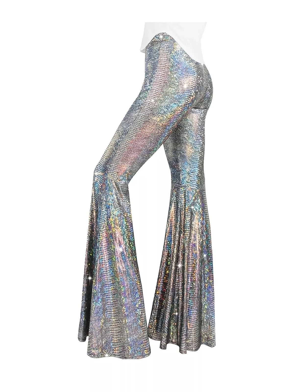 Iridescent silver high-waisted flare pants — side view