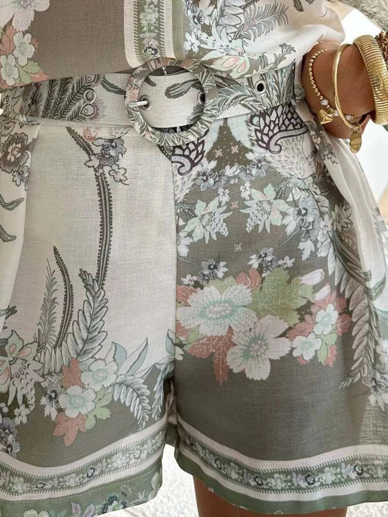 Trendsi Floral Print Button-Down Shirt and Belted Shorts Two-Piece Set -