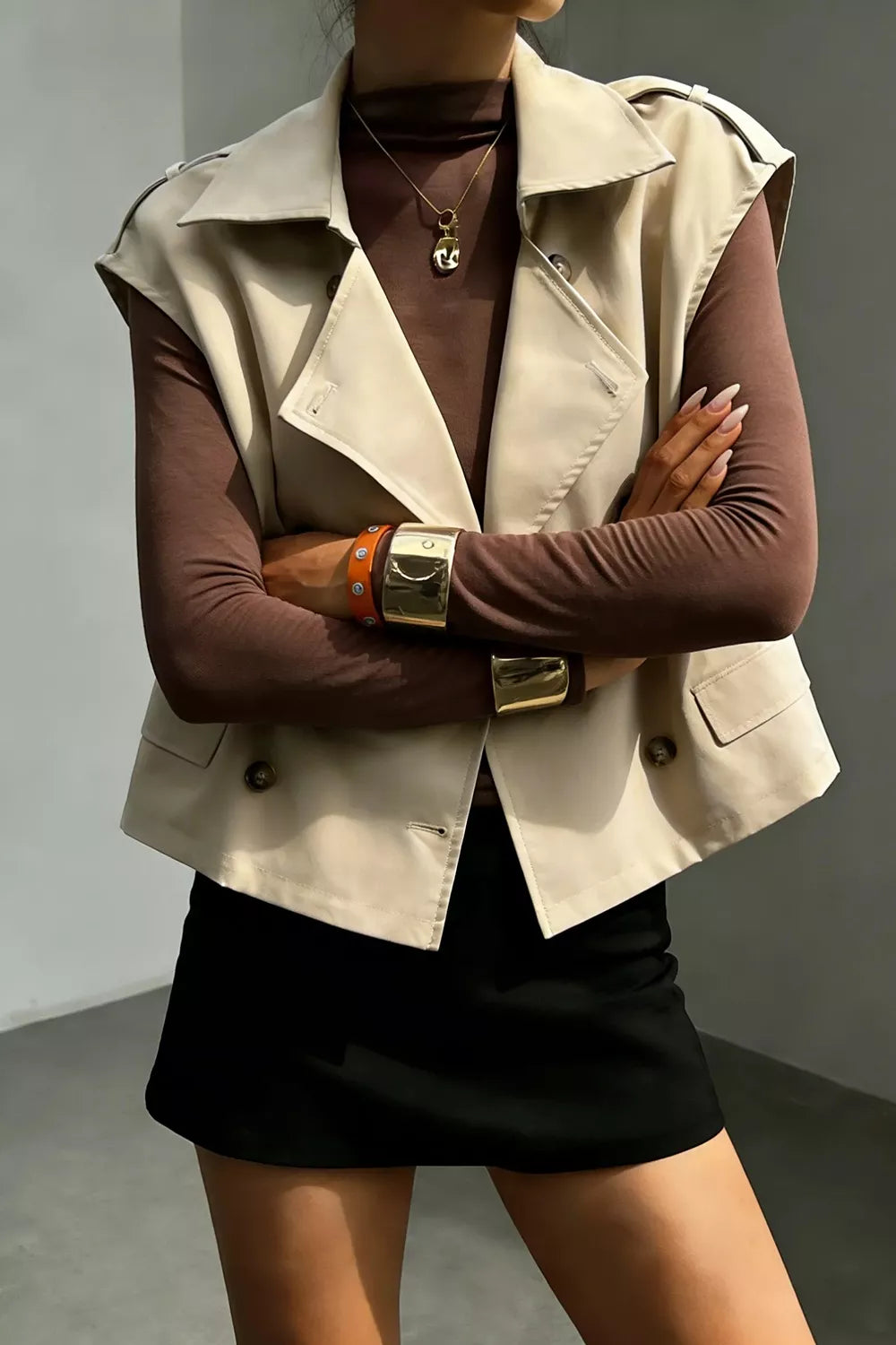Trendsi Double-Breasted Cropped Trench Vest Coat -
