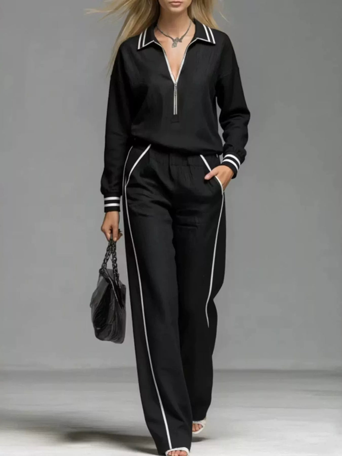 Black striped half zip top and pants set