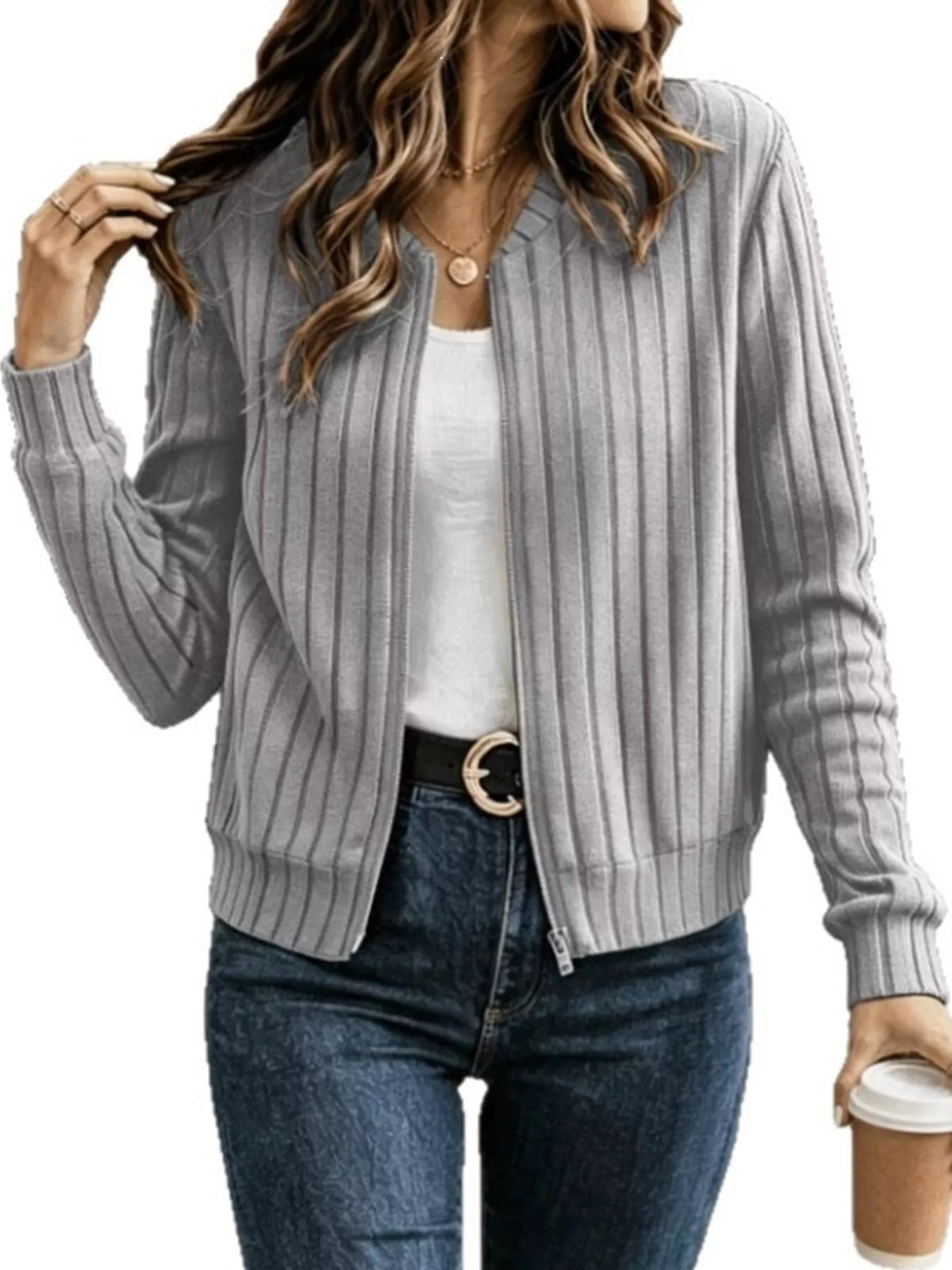Ribbed Knit Zip-Up Bomber Jacket — front view