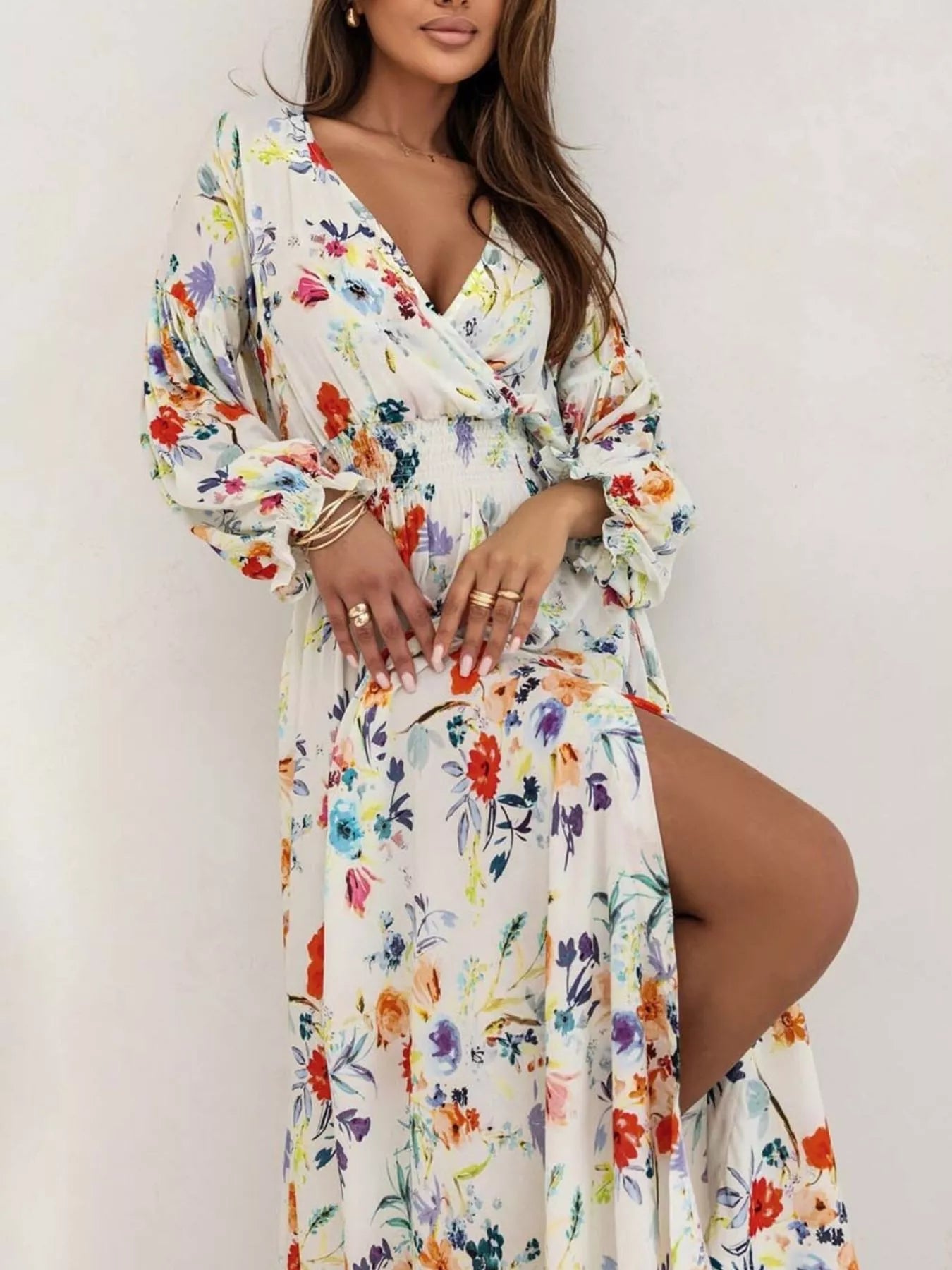 Trendsi Bohemian Printed Maxi Dress with Plunging Neckline -