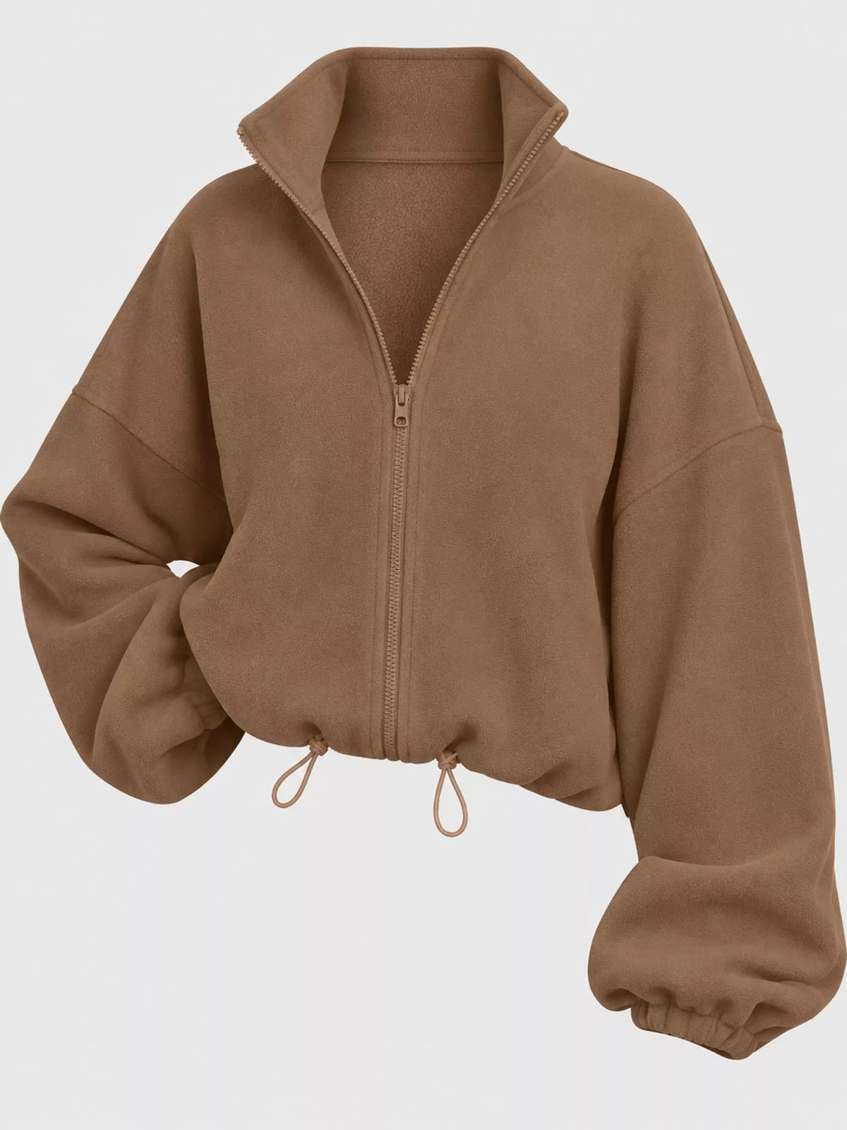 Taupe drawstring hem zip-up jacket