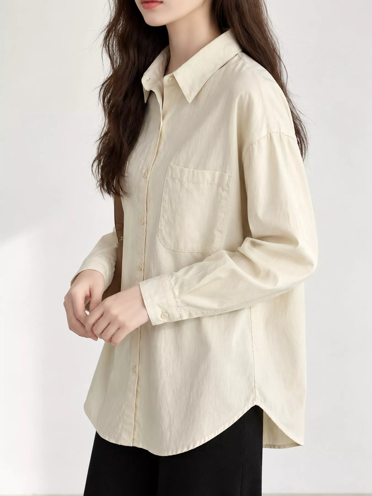 Apricot Beige oversized button-down long sleeve shirt