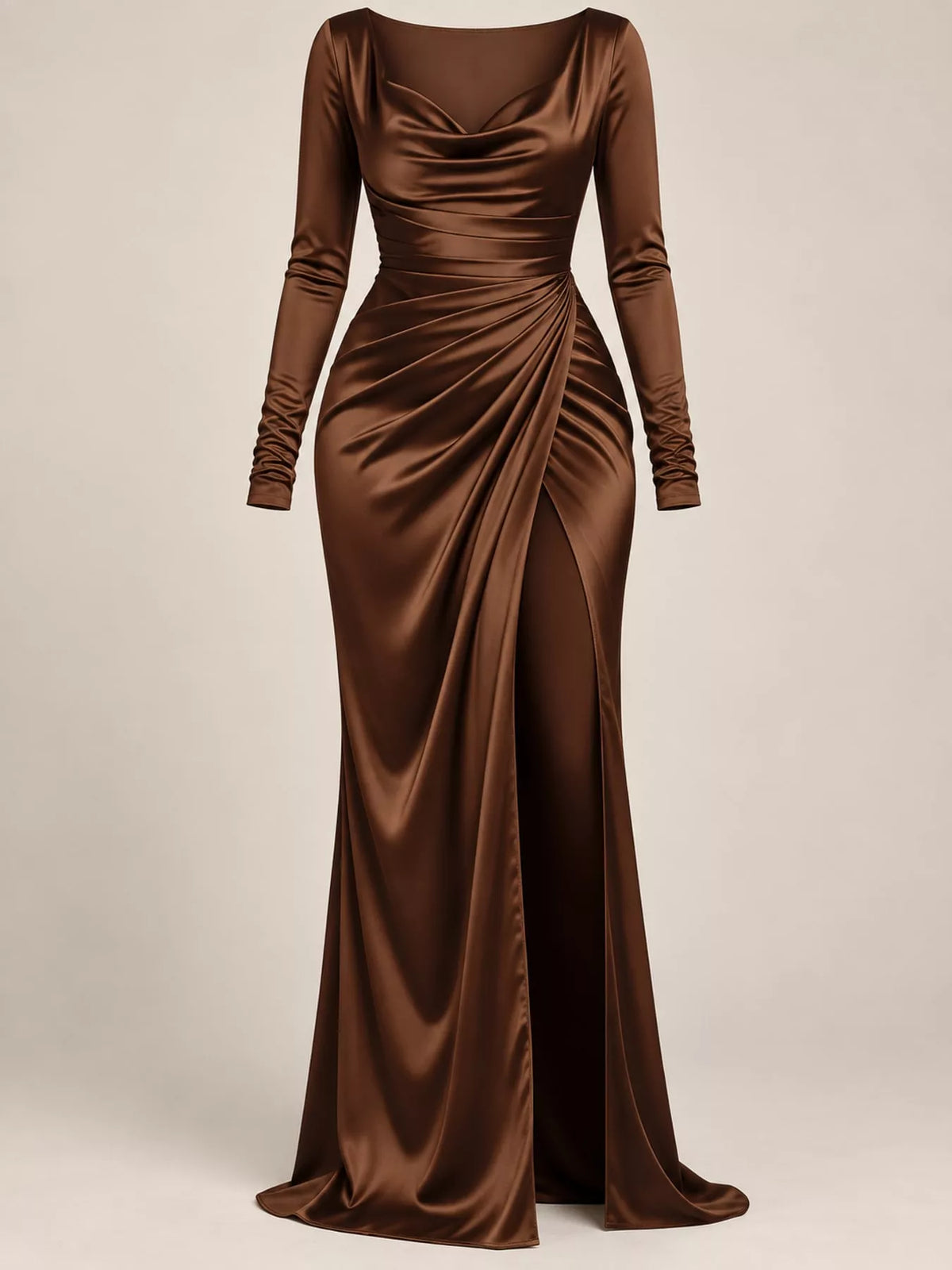 Brown satin cowl neck high-slit maxi dress, ruched waist view