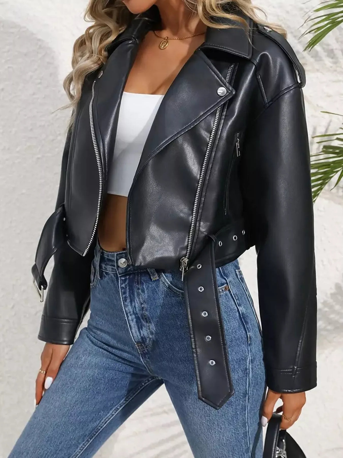 Faux Leather Zip Up Jacket in black, front view