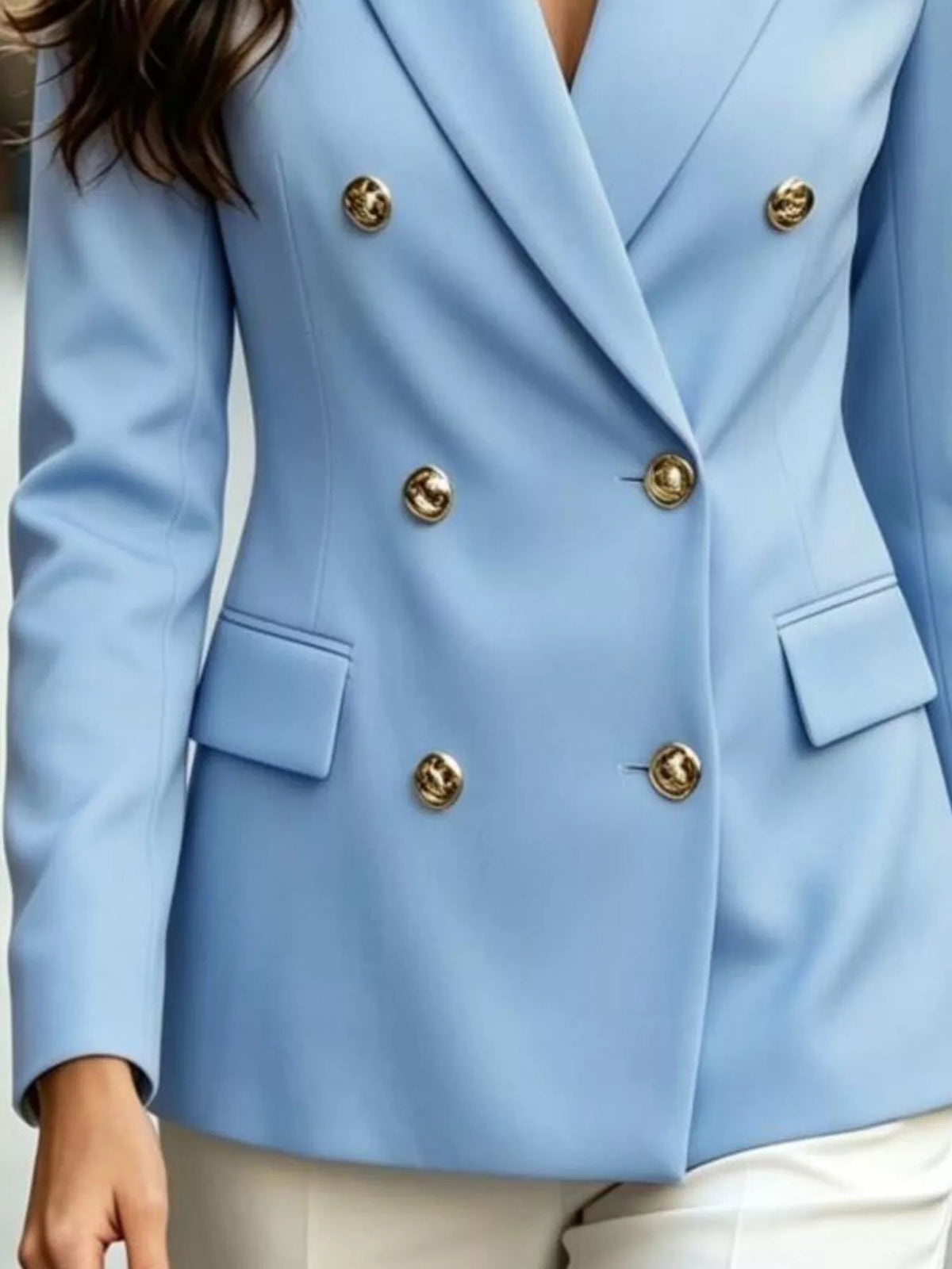 Light Blue double-breasted blazer with leopard print lapel, detail view
