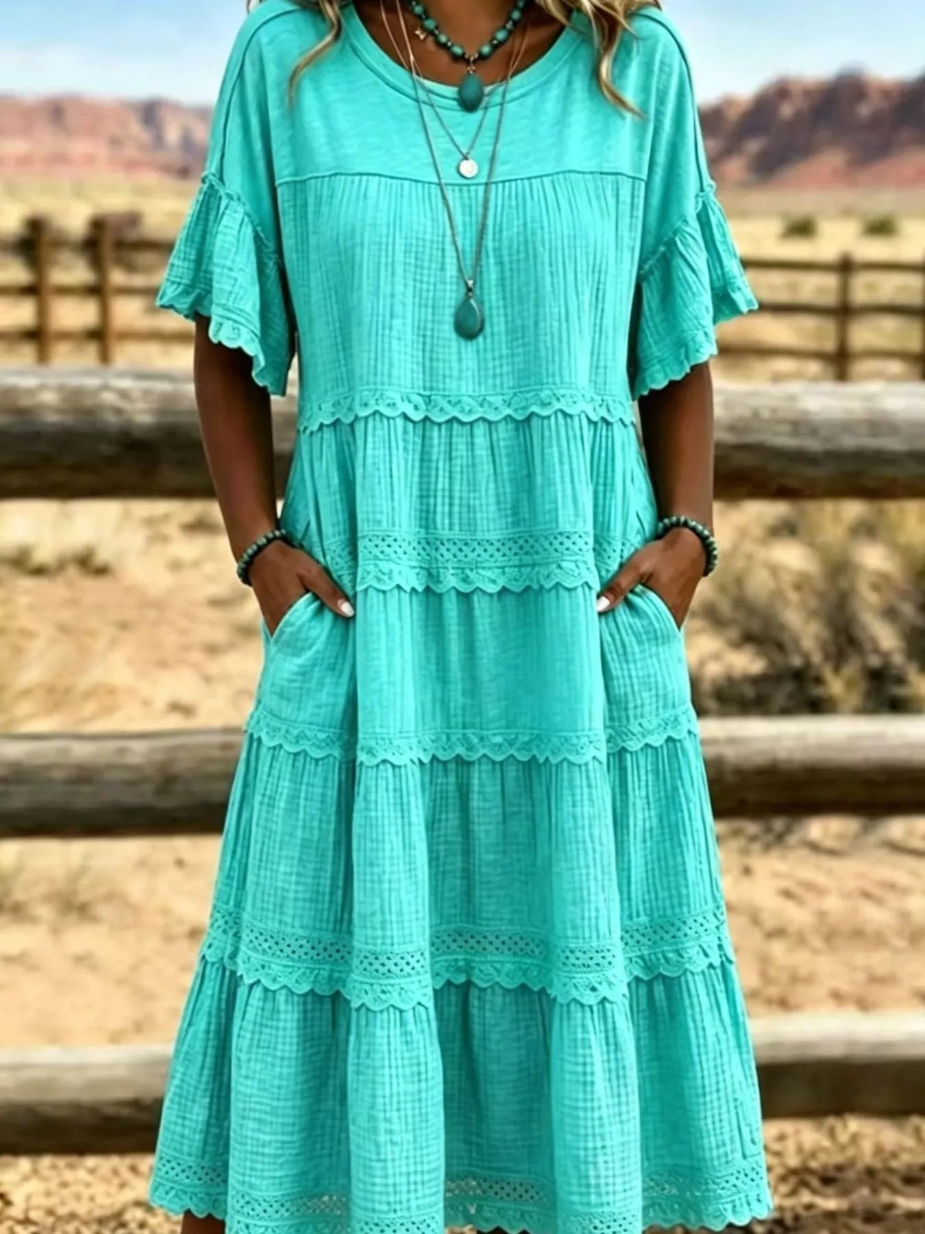 Trendsi Full Size Tiered Ruffle Sleeve Midi Dress with Pockets Plus Size -