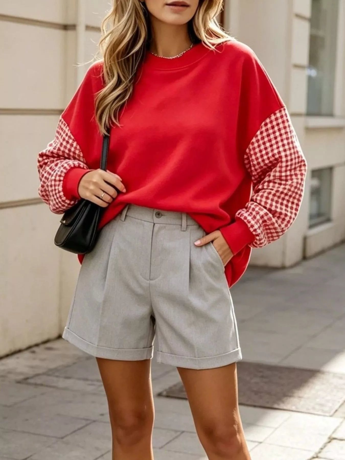 Trendsi Contrast Gingham Long Sleeve Sweatshirt -